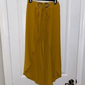Yellow split thigh pants with belt detailing